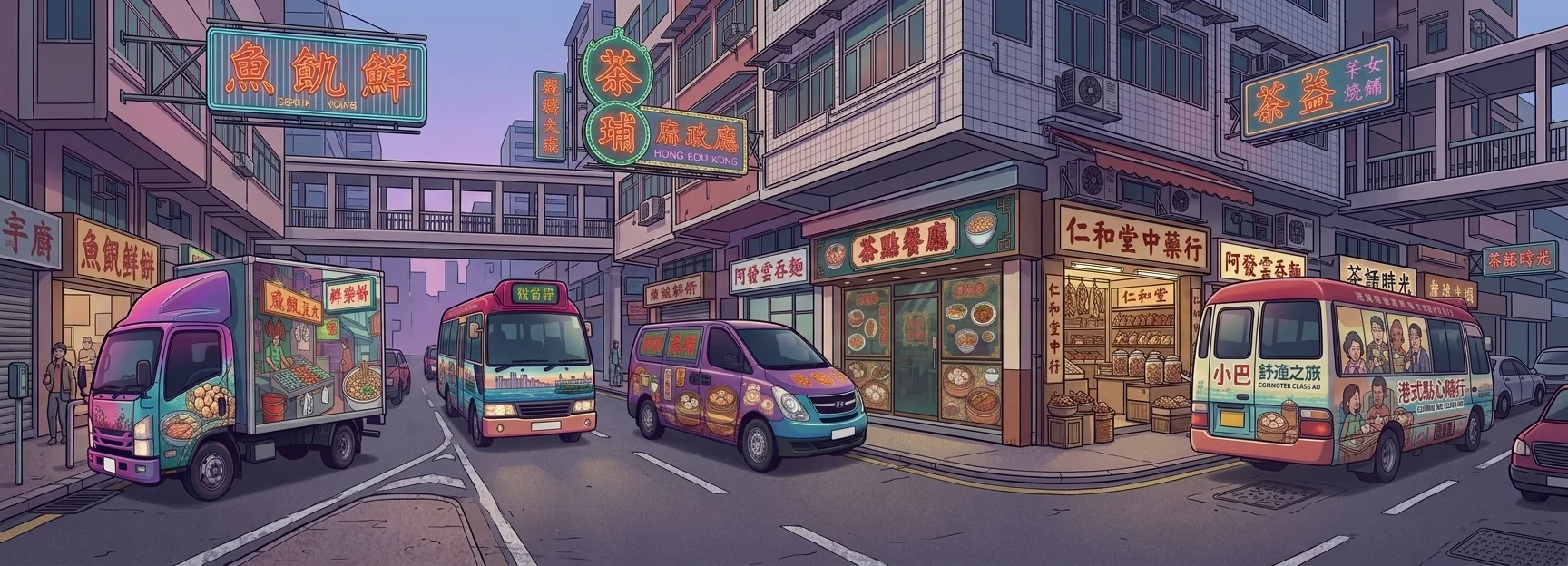 香港街景插畫，展示店舖招牌、櫥窗及車身廣告
